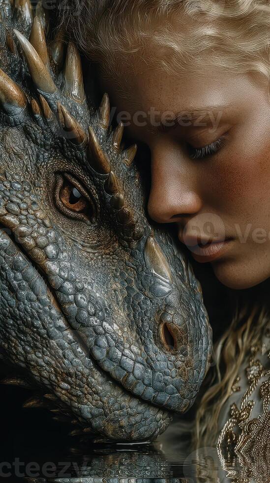 Majestic bond between a girl and a dragon captured in a serene moment of tranquility photo