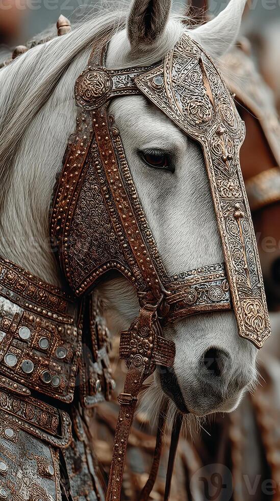 Intricate horse armor shines during a traditional festival parade in an ancient town photo