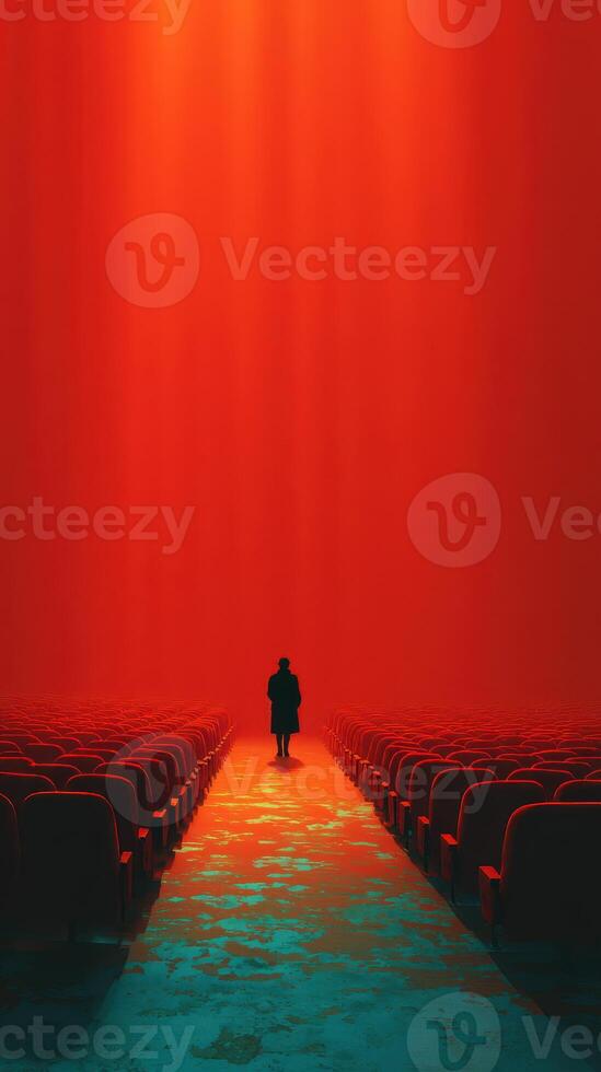 Silhouette in a vibrant red theater with empty seats at a tranquil moment photo