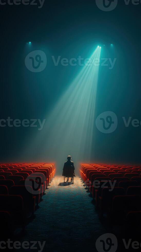 Empty theater filled with anticipation as a solitary figure sits under a spotlight photo
