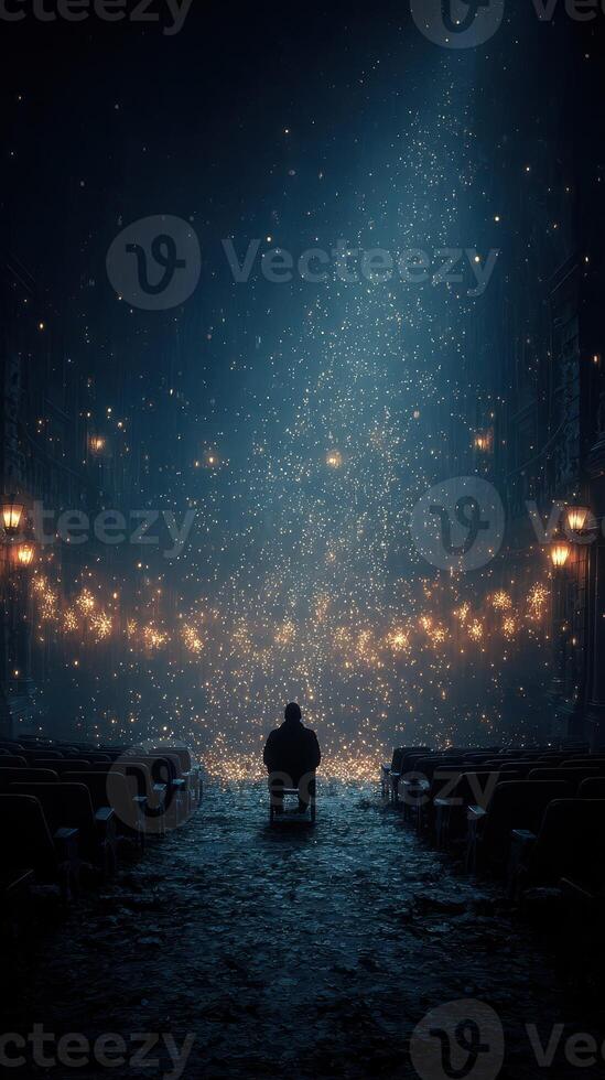 Mysterious atmosphere in an abandoned theater with sparkling lights at night photo