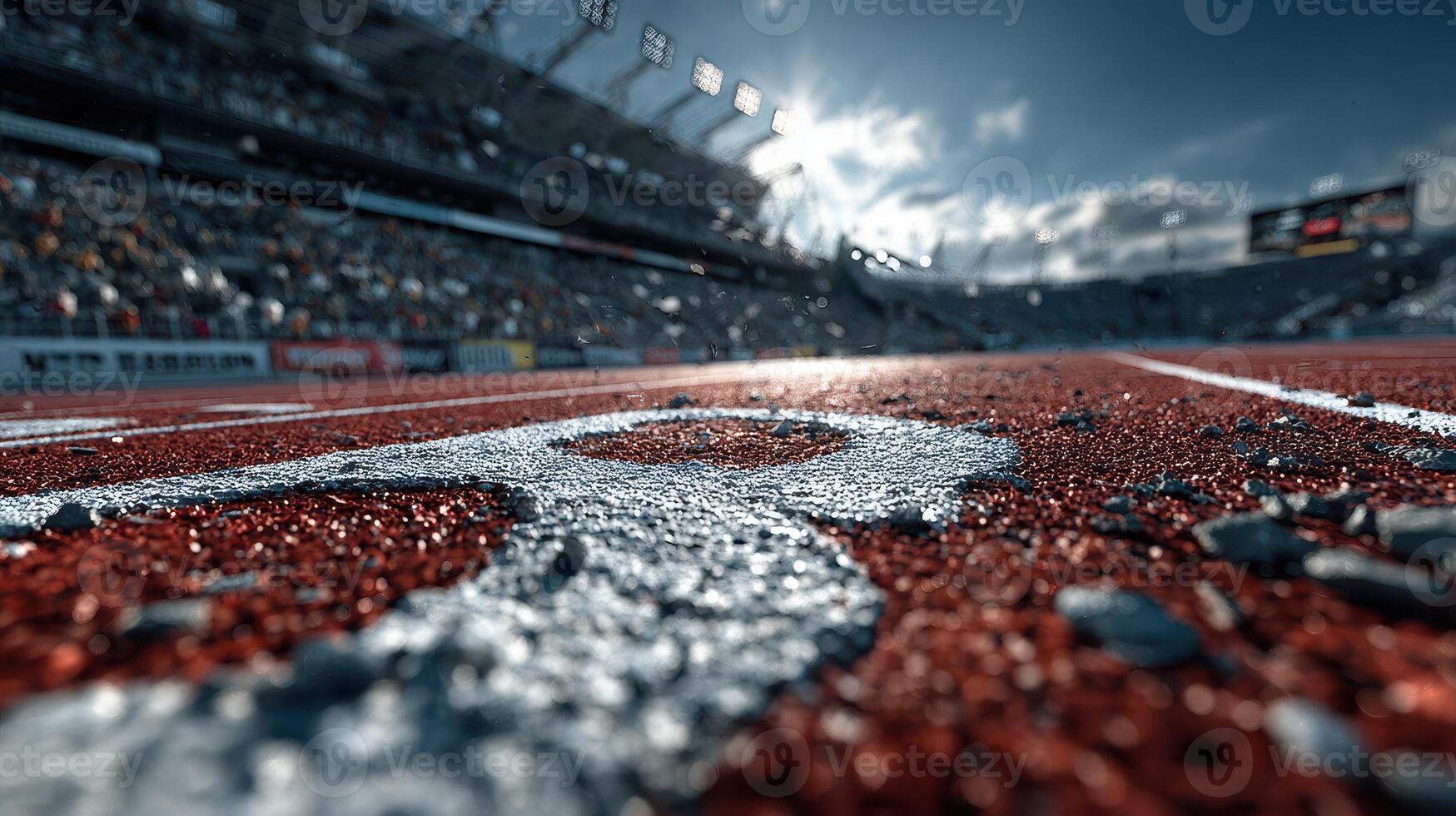 Track surface before a major sprinting event at the stadium with spectators under a clear sky in the afternoon photo