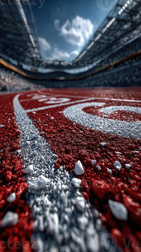 Track stadium with red surface and cloudy sky during a sports event in the afternoon photo