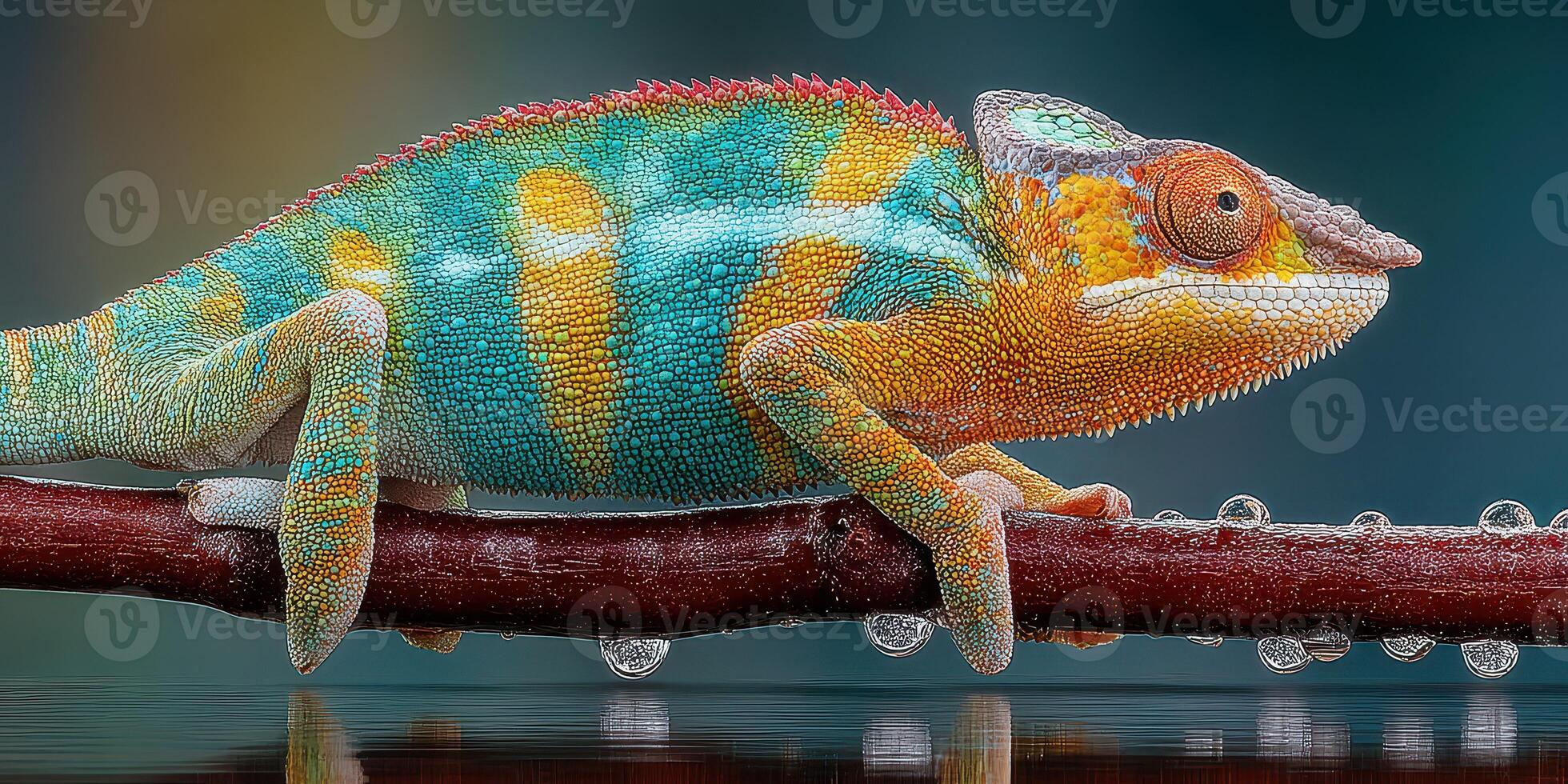 Colorful chameleon perched on a branch with water droplets in a natural setting during sunlight photo