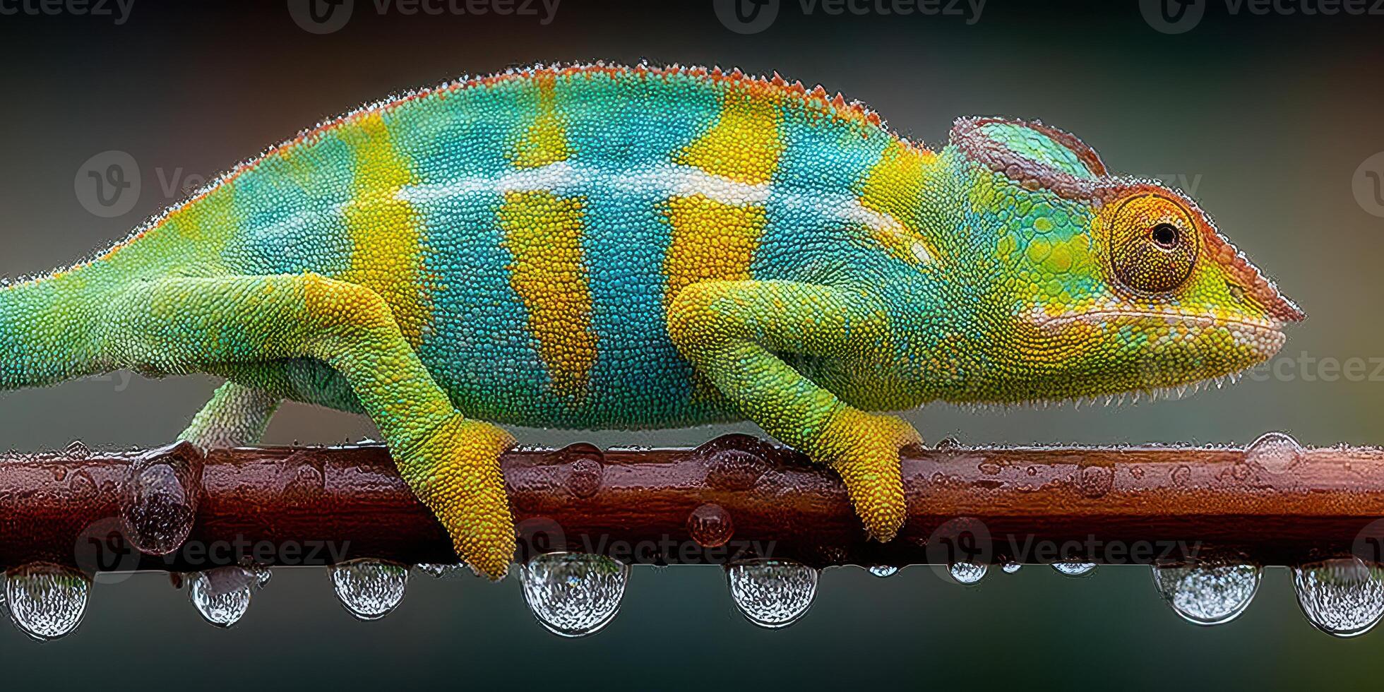Colorful chameleon perched on a branch with water droplets in a vibrant tropical setting photo