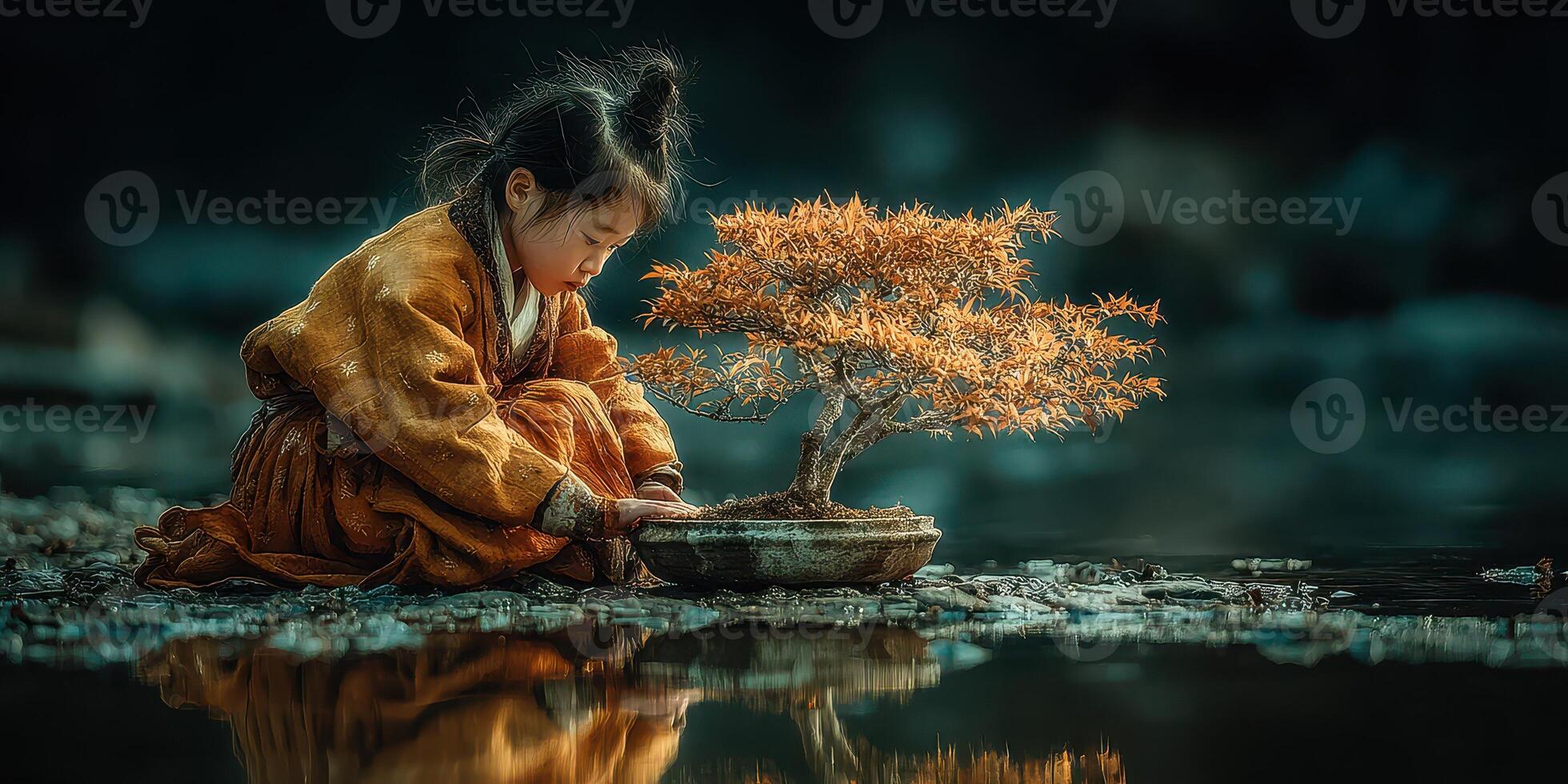 Child tending to a bonsai tree beside a serene body of water during twilight in an enchanting landscape photo