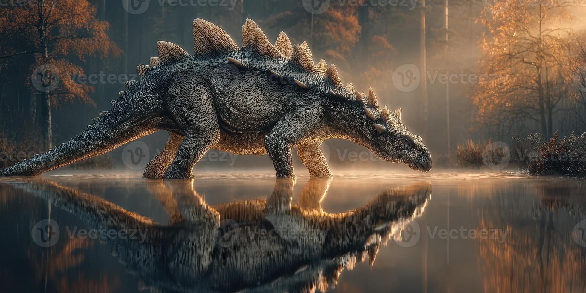 Stegosaurus drinking from a tranquil lake at dawn in a prehistoric forest landscape photo