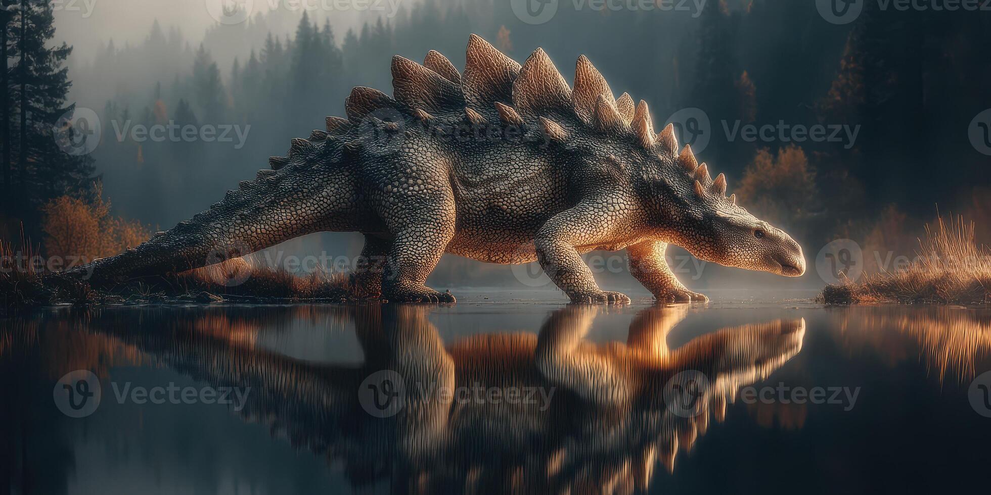 Stegosaurus walking by a peaceful lake in a misty prehistoric forest during early morning light photo