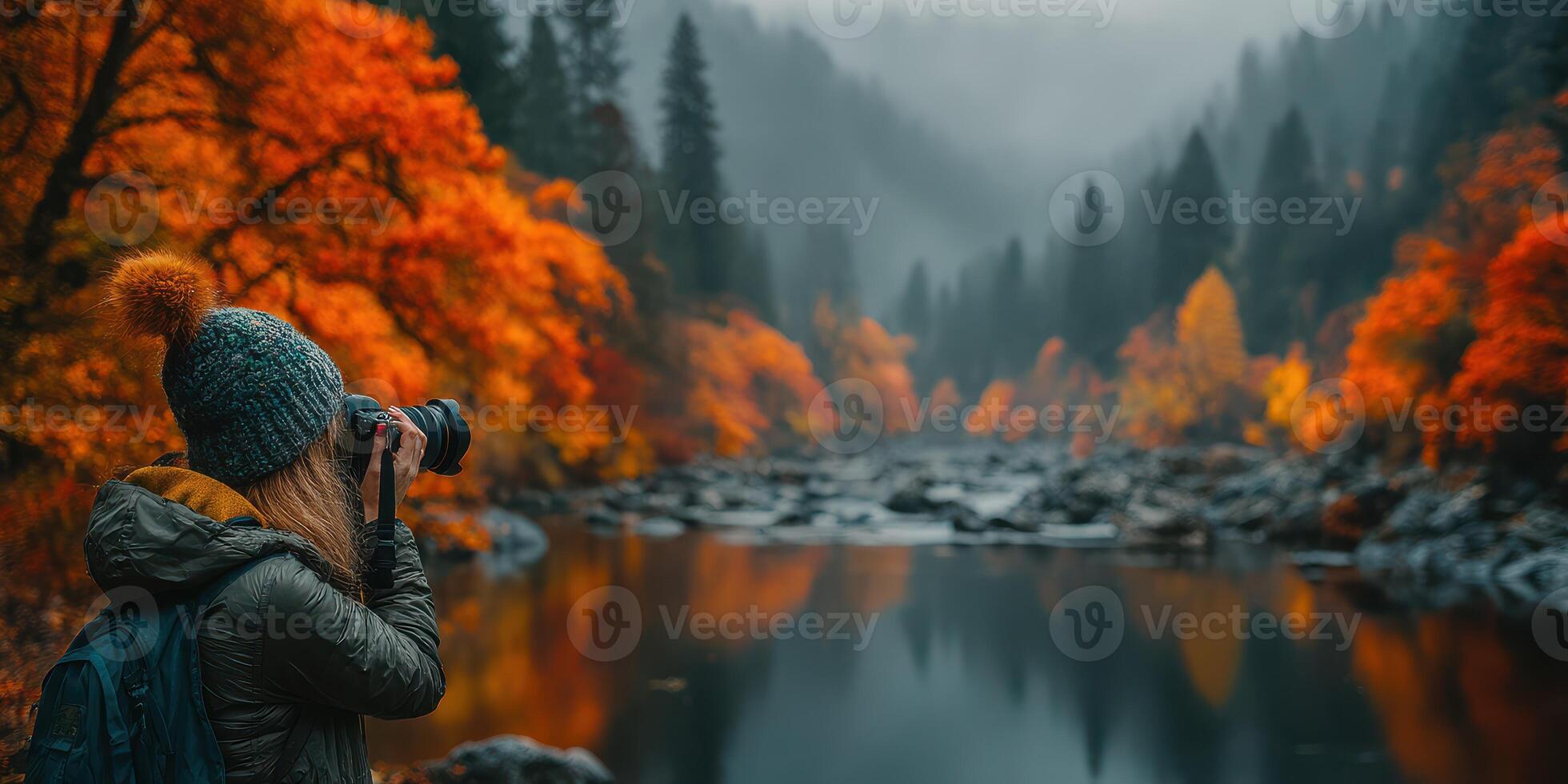 Autumn landscape with a photographer capturing vibrant fall colors by the water in a serene mountainous area photo