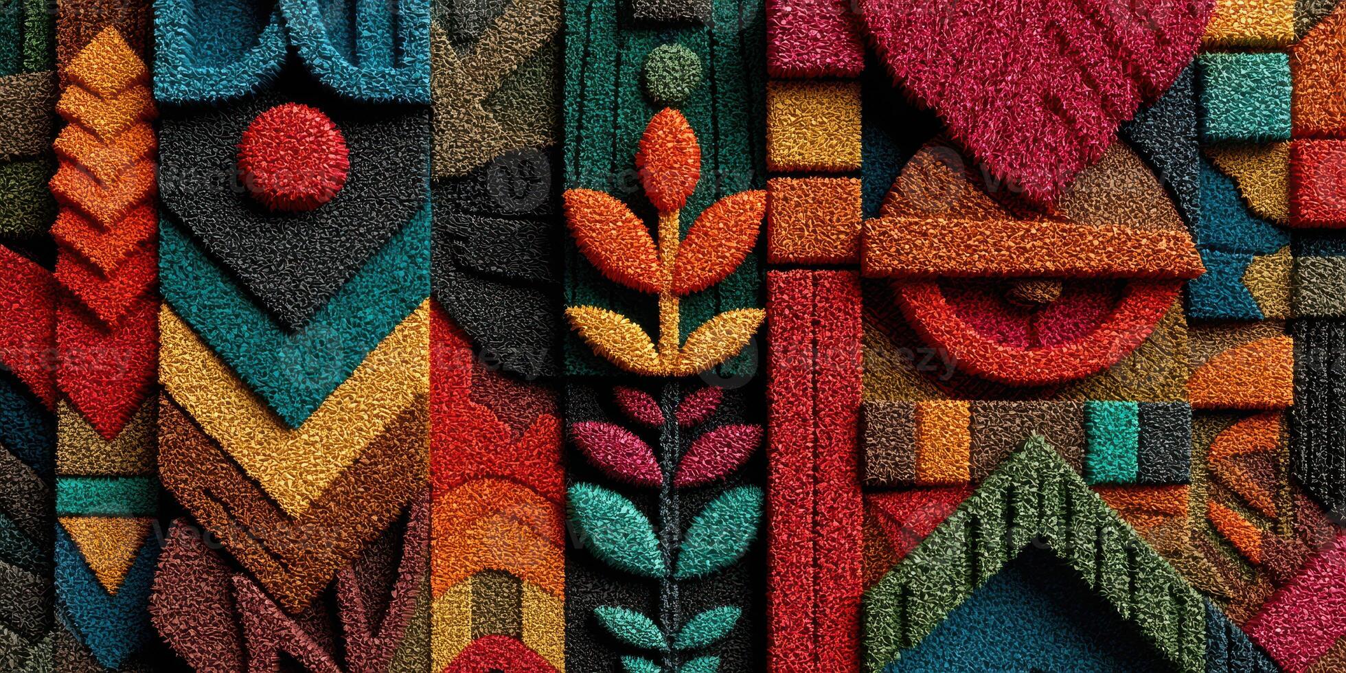 Colorful textured art display featuring abstract shapes and patterns at a local art exhibit in the afternoon light photo