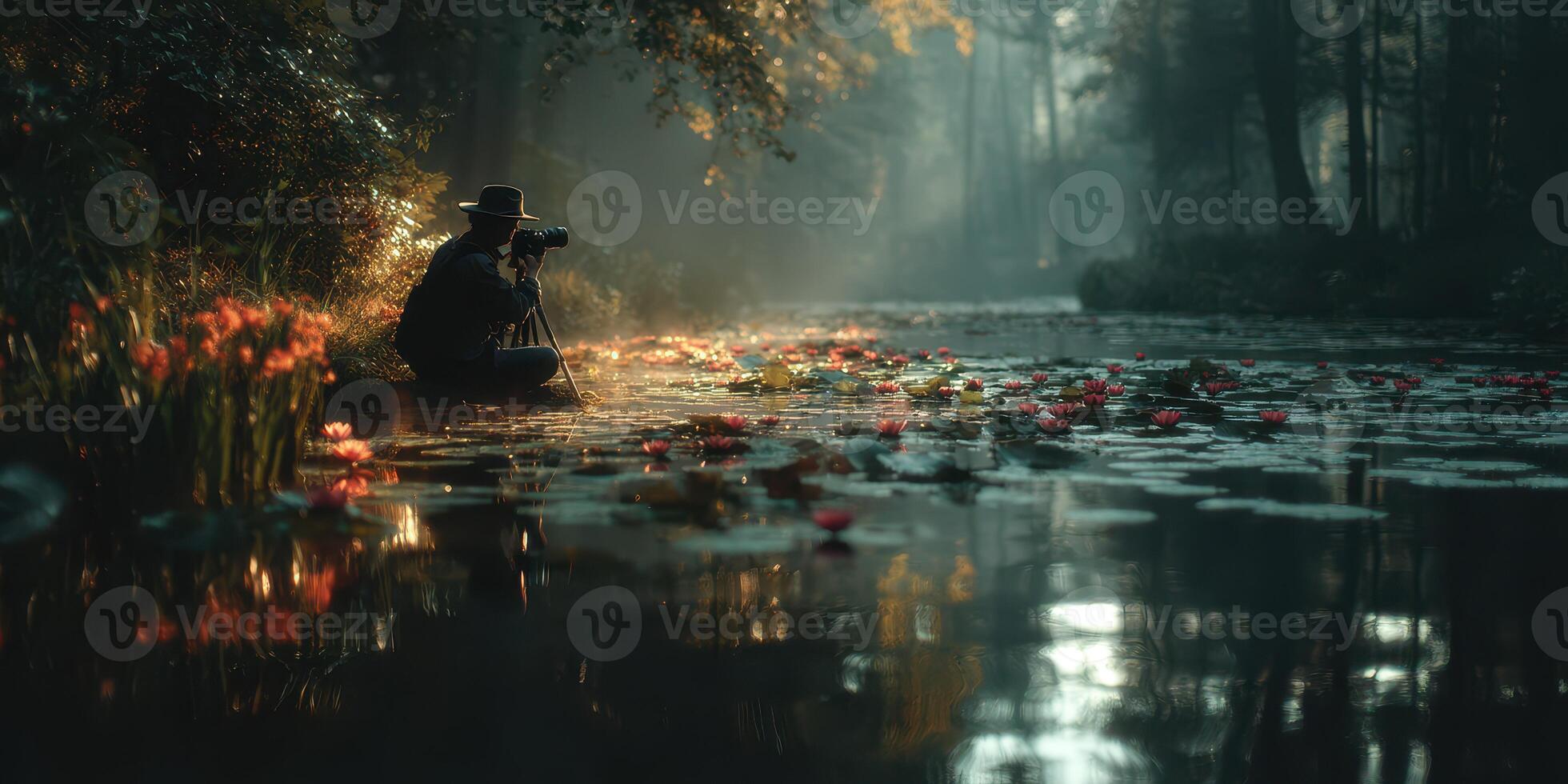 Capturing the tranquil beauty of a misty morning by the serene river bank with blooming lilies photo