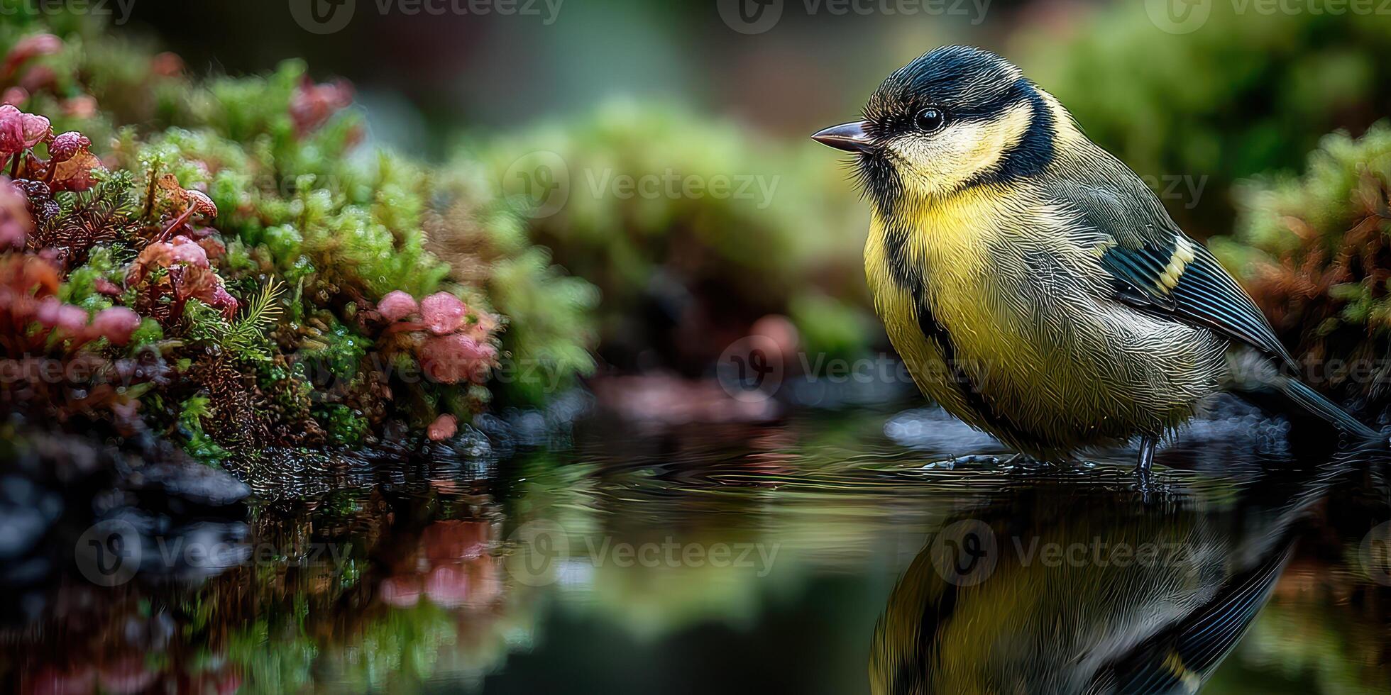 Small bird enjoying a serene moment by the water in a lush natural setting during early morning light photo