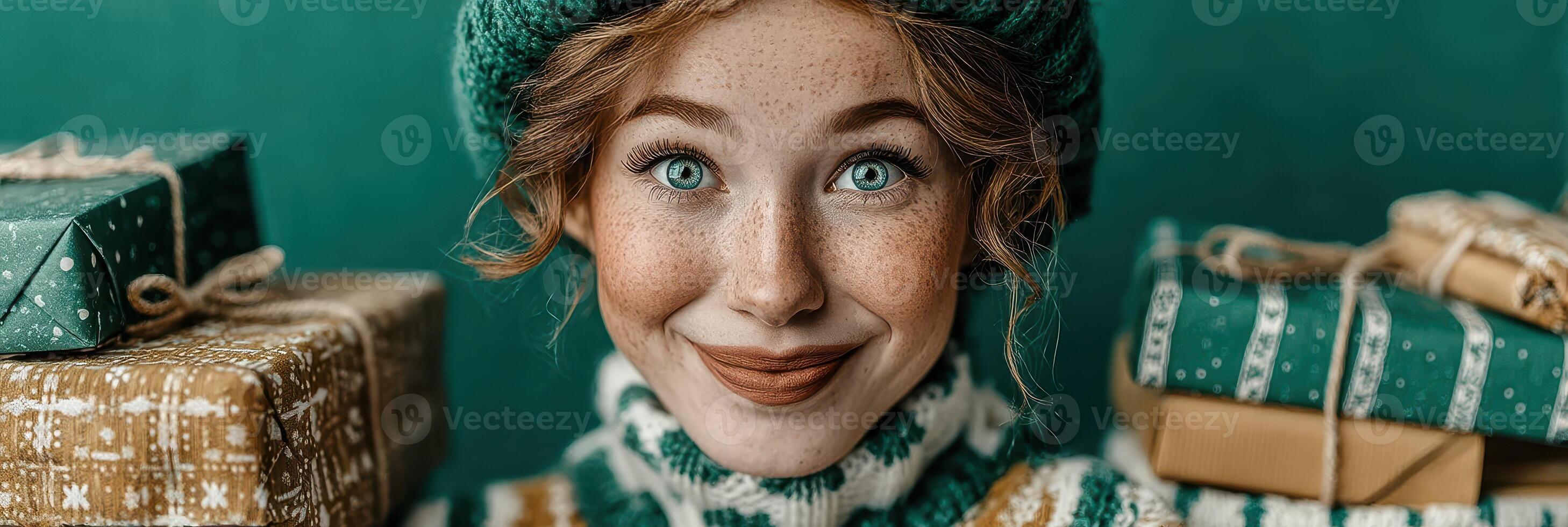 Cheerful girl wearing winter attire smiles while holding beautifully wrapped presents with a festive background photo