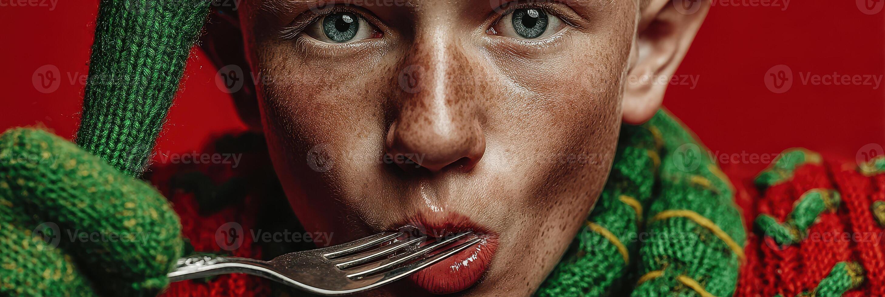 Young boy in colorful sweater prepares to eat with fork against vibrant red background photo