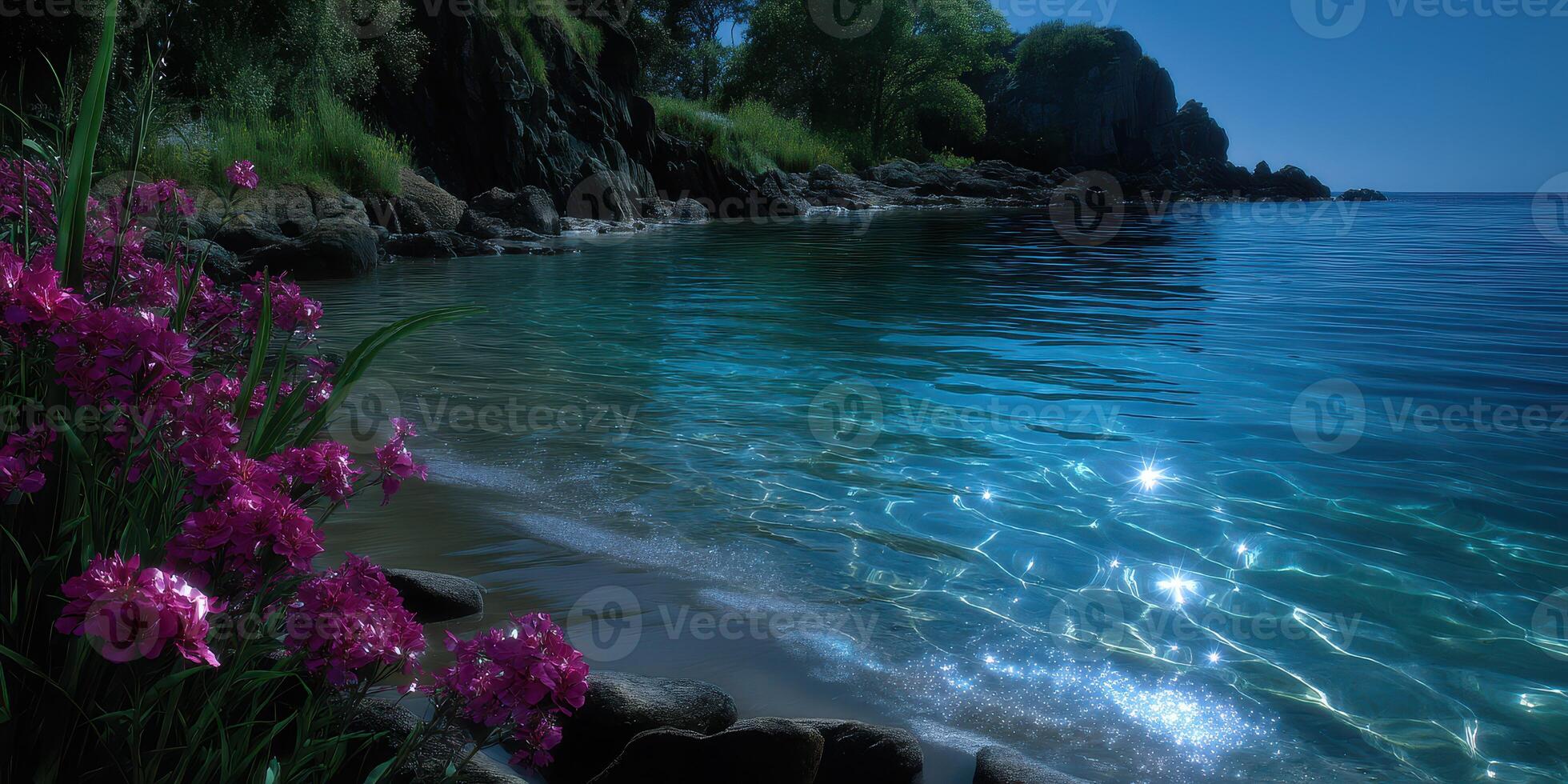 Serene moonlit shoreline with flowers overlooking tranquil water at night in a secluded coastal area photo