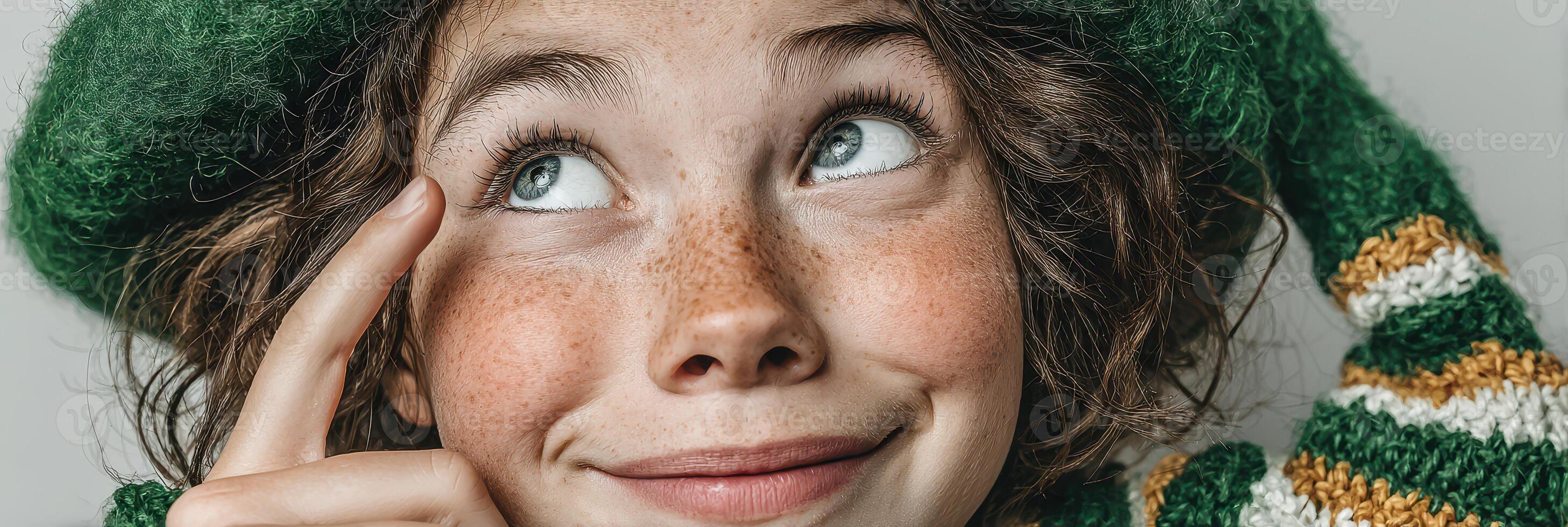 Young girl with freckles wearing a green hat and sweater shows a thoughtful expression in a simple indoor setting photo
