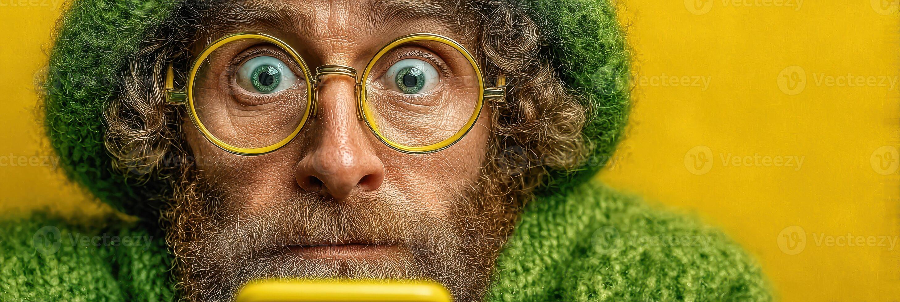 Man with curly hair and glasses focused on smartphone against bright yellow background while wearing green sweater photo