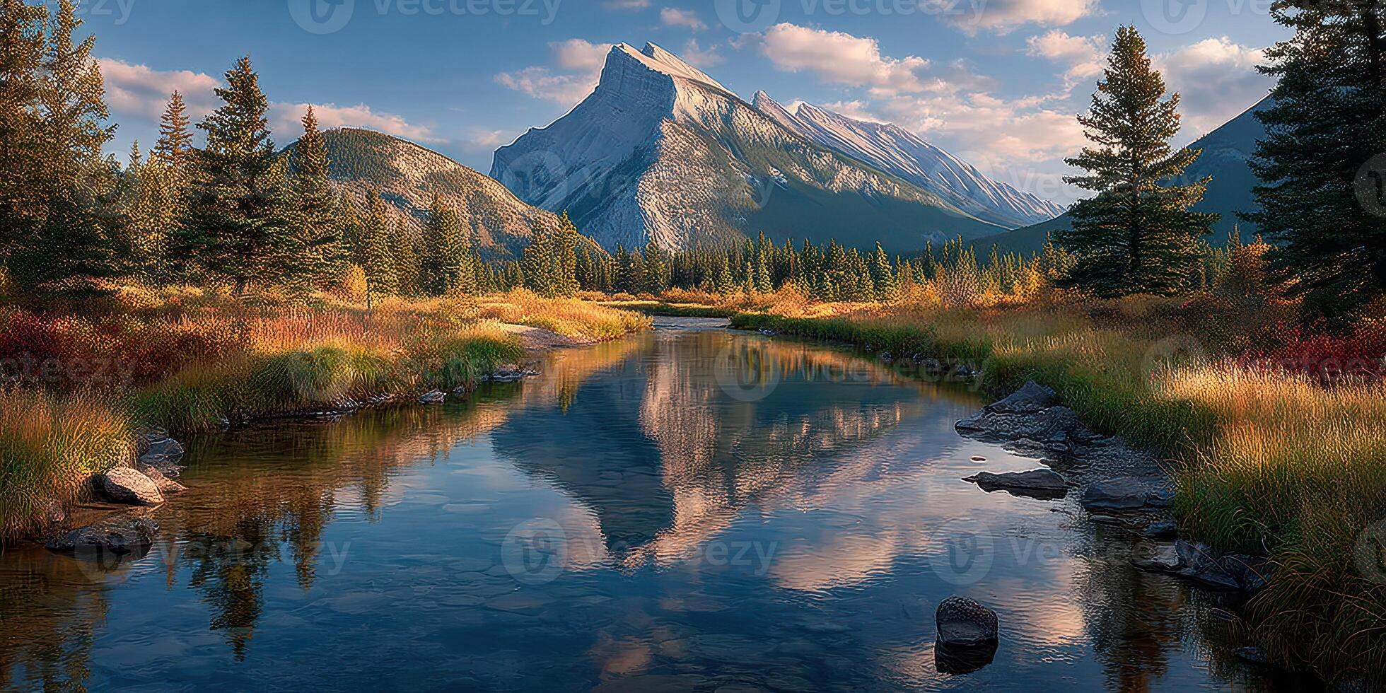 Mountain landscape reflecting in tranquil river with lush trees and vibrant skies during golden hour photo