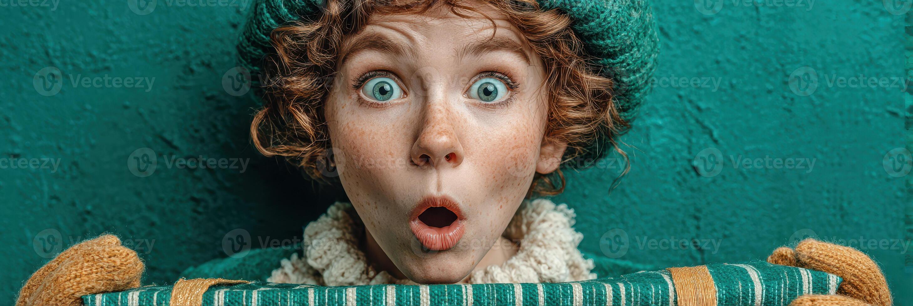 Child expressions of surprise while holding a wrapped gift in a colorful outfit indoors during winter photo