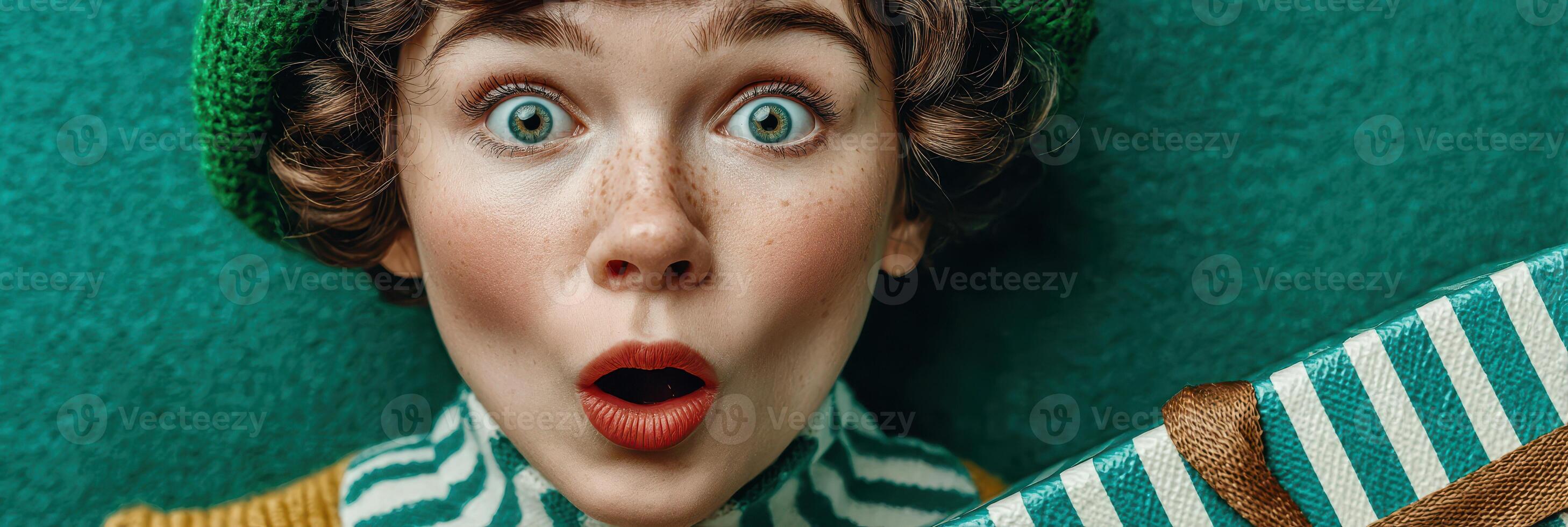 Excited girl with green eyes and curly hair holds a striped gift in a vibrant setting photo