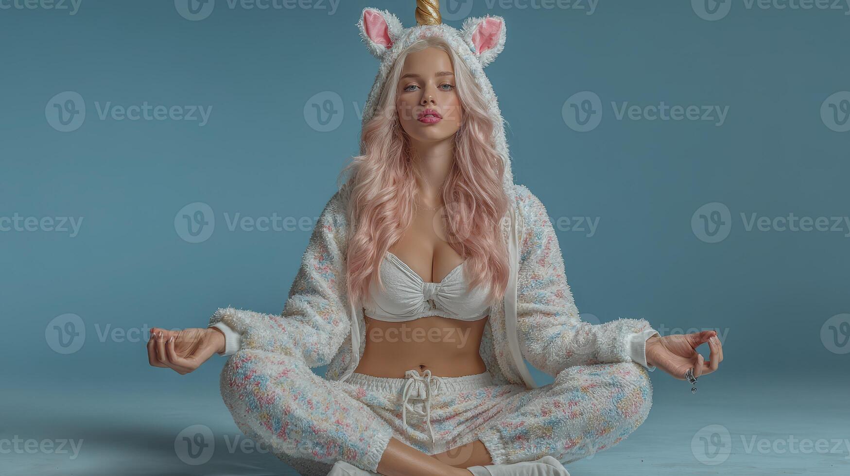 Young woman in unicorn-themed outfit practices meditation with a serene expression in a studio with blue background photo