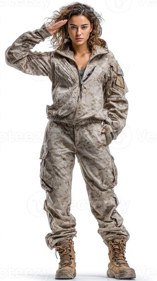 Female soldier in camouflage uniform saluting at a military training facility during daylight hours photo