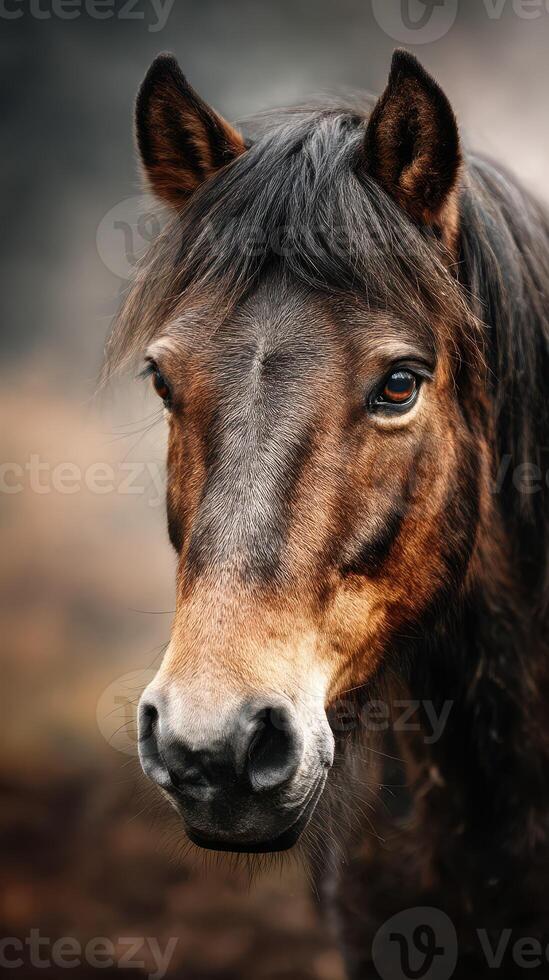 Close-up of a brown horse with a flowing mane in a natural outdoor setting during twilight hours photo