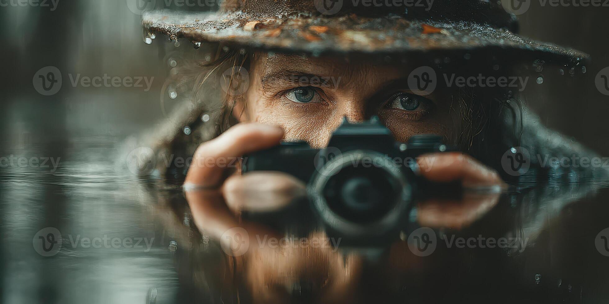 Photographer capturing reflections in a rainy forest during a moody overcast day photo
