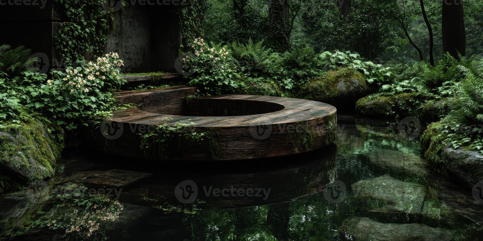 Serene circular stone platform surrounded by lush greenery and tranquil water in a secluded forest clearing photo