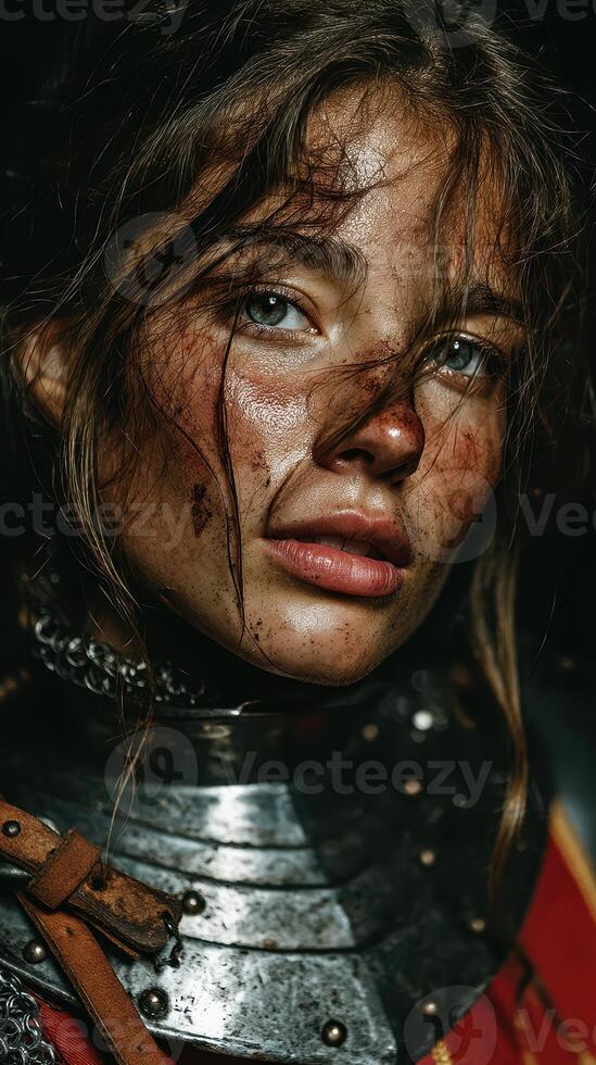 Young warrior in distressed armor gazes intensely with mud-streaked skin in a dark atmosphere during a medieval reenactment photo