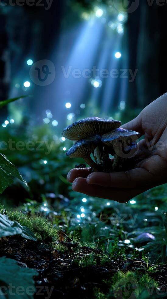 Mushroom discovery in a forest glade illuminated by sunlight and magical sparkles photo