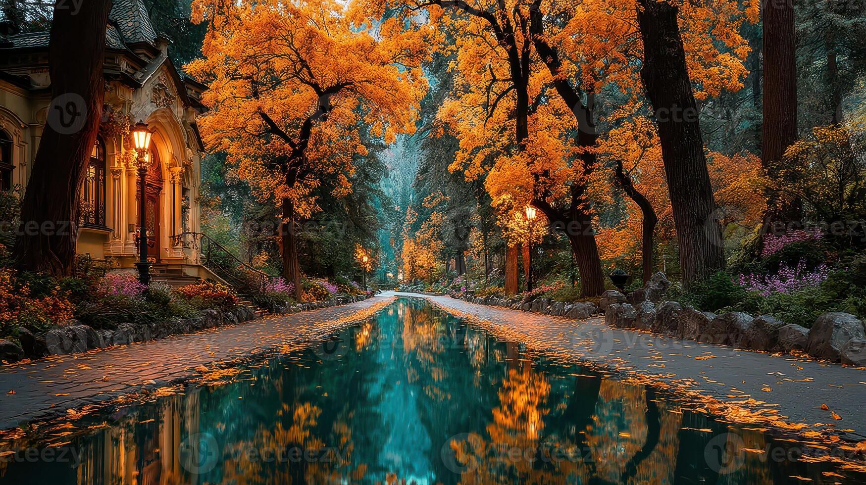 Autumn trees line a serene canal reflecting golden leaves and a quiet path in an enchanting forest setting photo