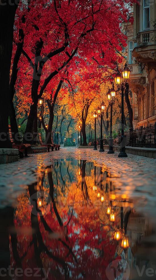 Stunning autumn alley with vibrant red leaves and shimmering reflections on a rainy day photo