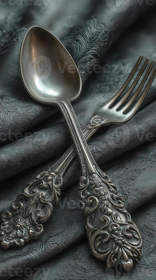 Elegant silverware placed on textured fabric, showcasing intricate detailing and craftsmanship in a soft, moody setting photo