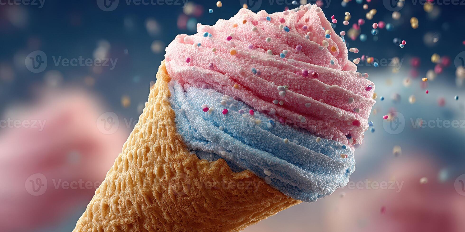 Colorful ice cream cone topped with pink and blue whipped cream and sprinkles against a blurred background photo