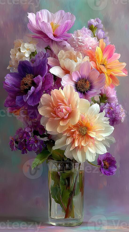 Colorful bouquet of fresh flowers arranged in a glass vase on a soft pastel background in natural light photo