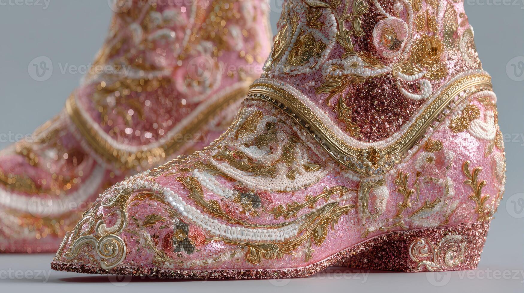 Unique pink embellished boots with intricate designs and sparkling finish displayed against a plain backdrop photo