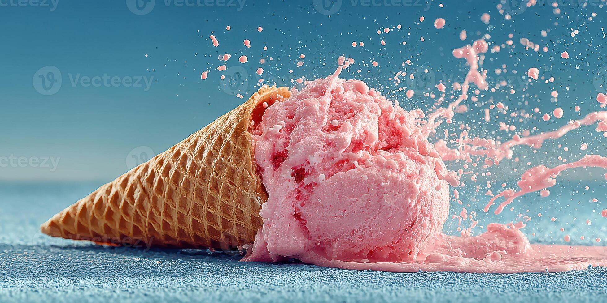 Colorful pink ice cream spills out of a cone with splashes, capturing a moment of dessert delight on a sunny day photo