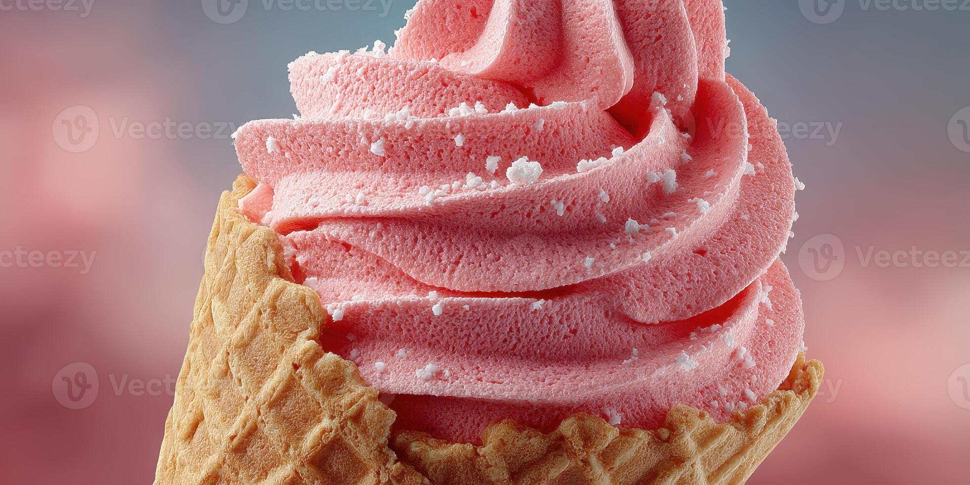 Delicious pink soft serve ice cream in a cone with a textured wafer cup enjoyed during a warm afternoon photo