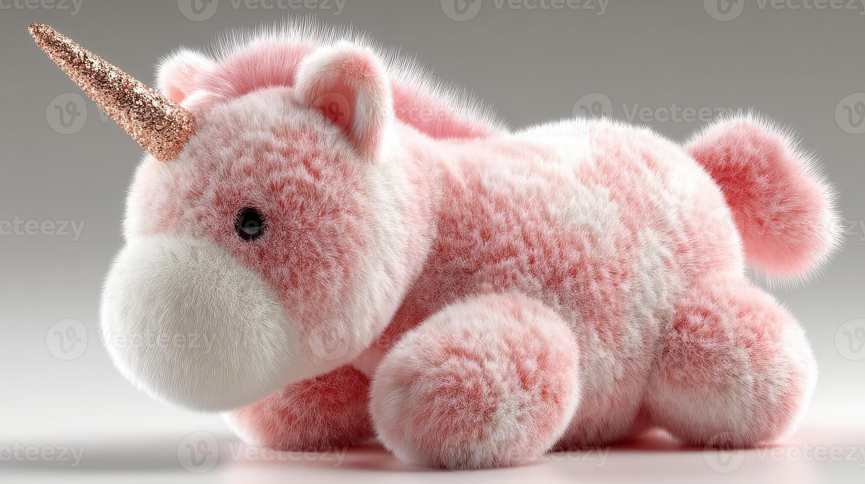 Soft pink unicorn plush toy with a shimmering horn resting on a light background photo
