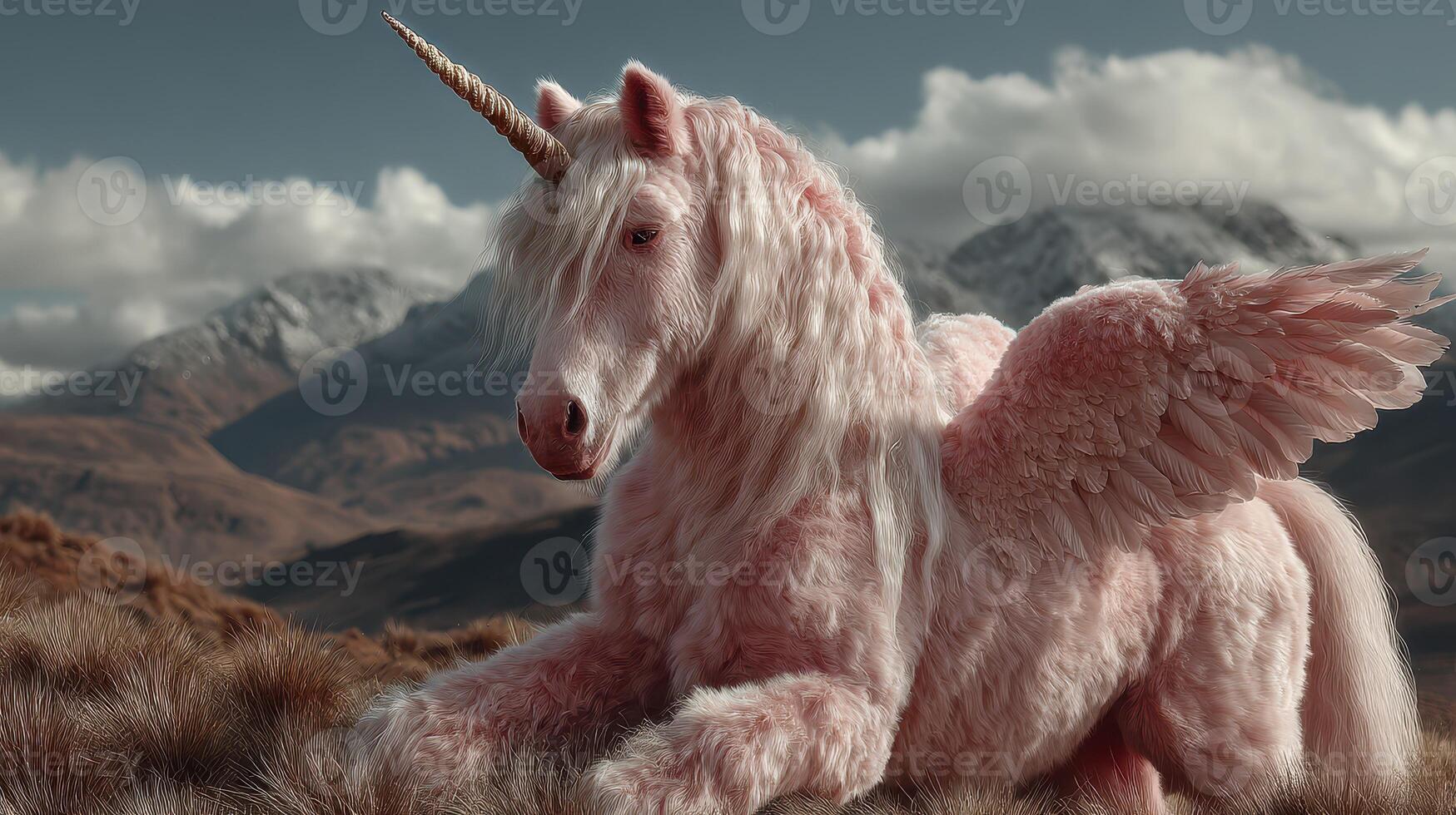 Mythical creature with wings resting in a mountainous landscape during daylight hours photo