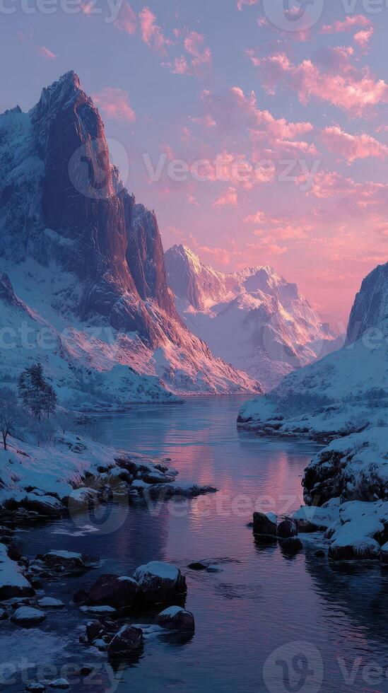 Majestic mountain landscape at twilight with a tranquil river reflecting pink hues photo