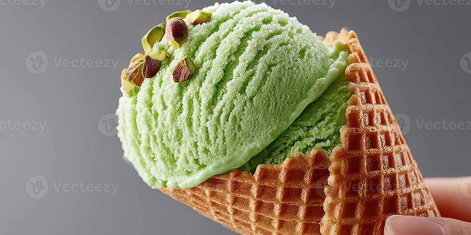 Delicious green pistachio ice cream served in a crispy cone on a neutral background, perfect for a warm day photo