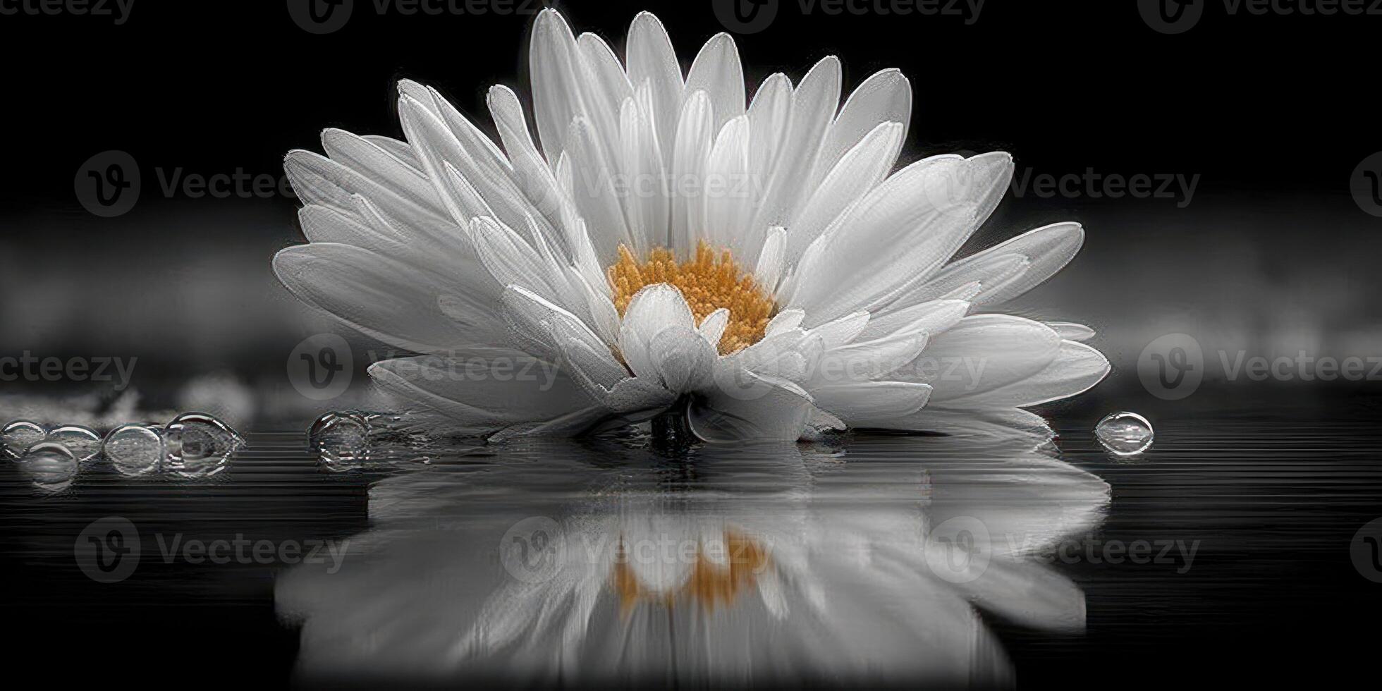White flower with yellow center floating on still water, creating a serene reflection at dusk photo