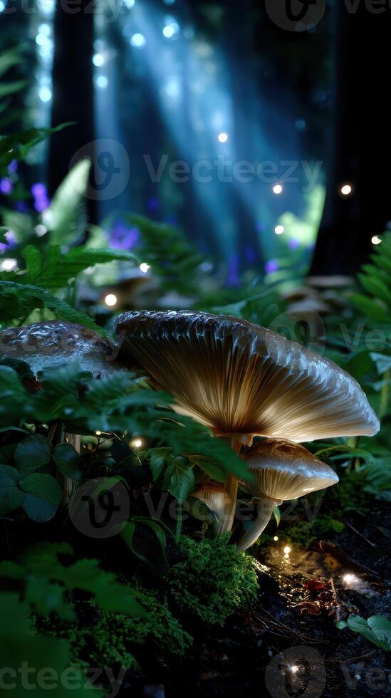 Mushrooms glow under soft light in a mystical forest setting during twilight hours photo