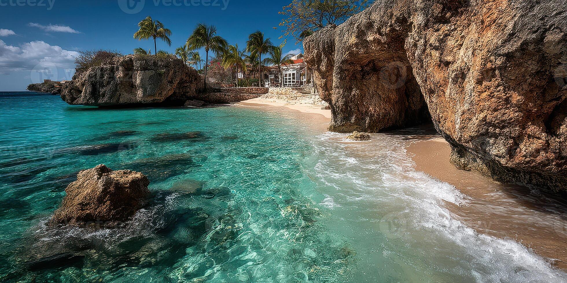 Serene beach with clear turquoise water and rocky shoreline on a sunny day in tropical paradise photo