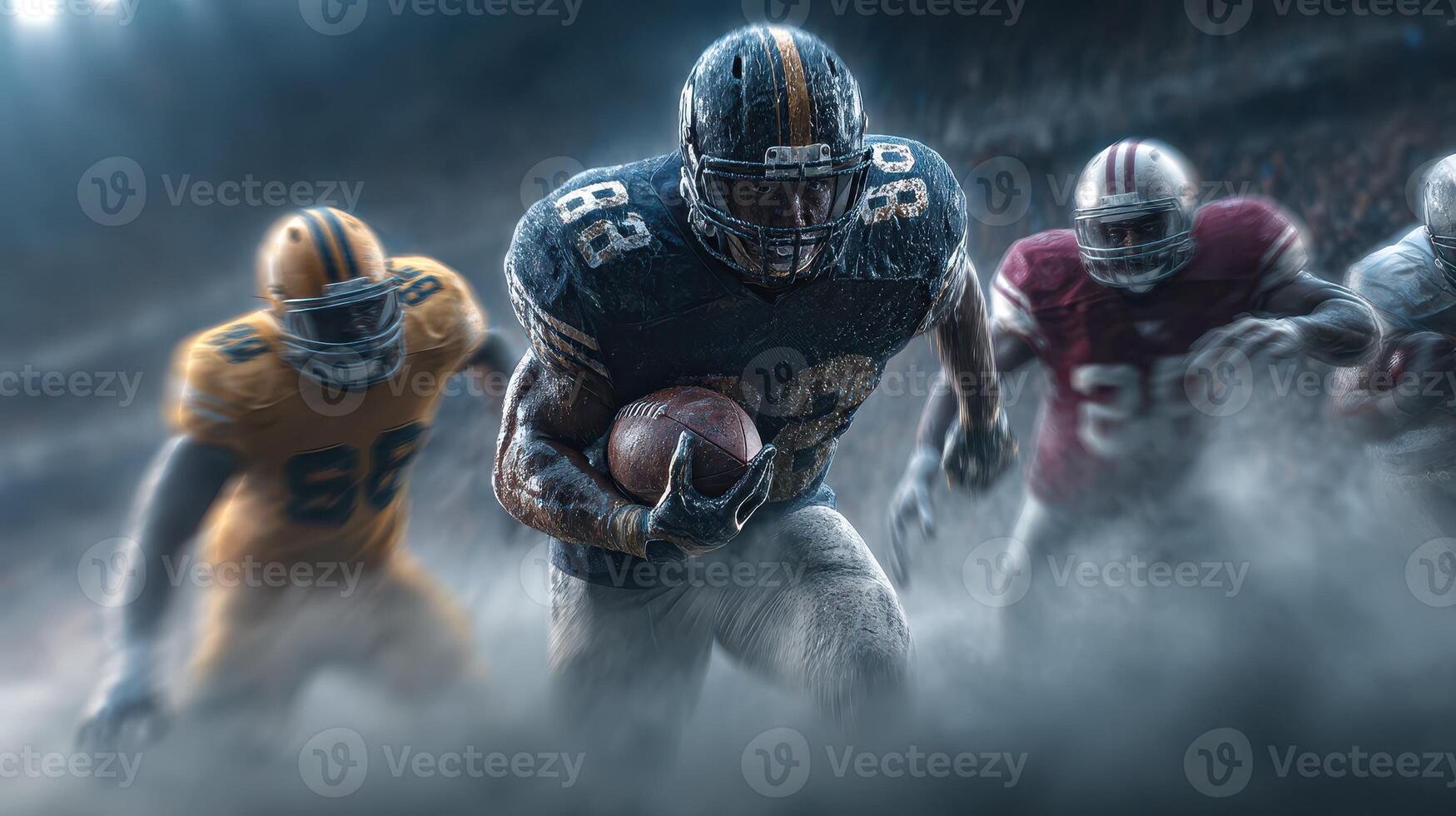 Intense football action captured on the field with players in motion during a game on a foggy night photo