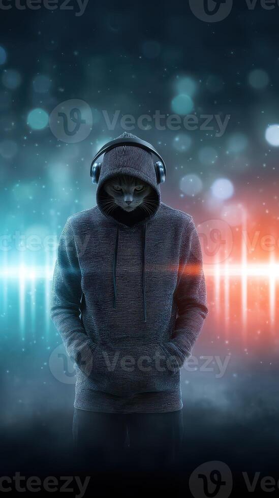 Unique blend of human and cat features showcases an urban vibe in a vibrant, digital backdrop photo