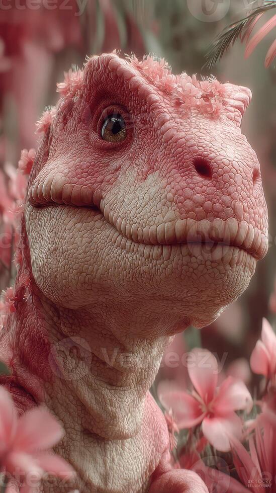 Cute dinosaur surrounded by vibrant flowers in a whimsical garden setting photo