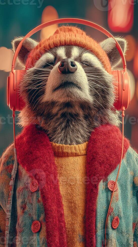 Raccoon wearing stylish outfit and headphones enjoys music in a vibrant urban setting at night photo